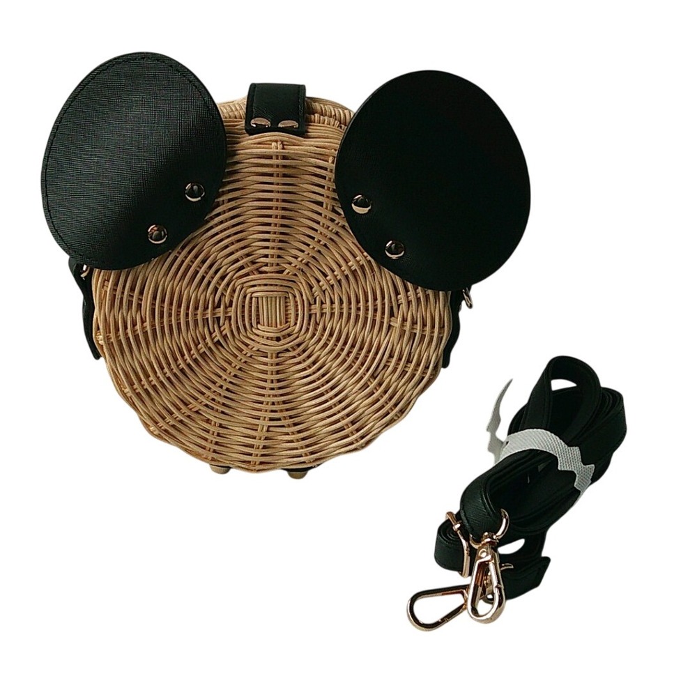 Disney Mickey Mouse Crossbody Bag Womens Tan Woven Straw Wicker Black Ears